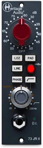 پری امپ میکروفون سری 500 هریتج آدیو 73JR II، طراحی کلاس A، ترانسفورماتورهای Carnhill، بهره 80 دسی بل، ورودی های لاین و DI، بخش EQ، تُن گرم و قدیمی، مشکی | 73JR II