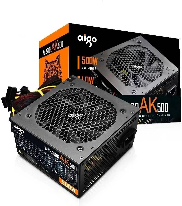منبع تغذیه 500 واتی Aigo Warrior AK500 Max ATX، PFC داخلی، کنترل دمای هوشمند، فن بلبرینگ هیدرولیک 12 سانتی متری بی صدا، ATX 24 پین 12 ولت، 4 رابط SATA، مشکی | AK500