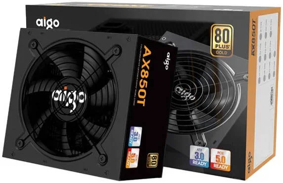 منبع تغذیه کاملا ماژولار Aigo AX850T، گواهینامه 80 Plus Gold، توان 850 وات، محافظت جامع OVP، UVP، OPP، SCP و OTP، خازن تایوانی، مشکی | AX850T
