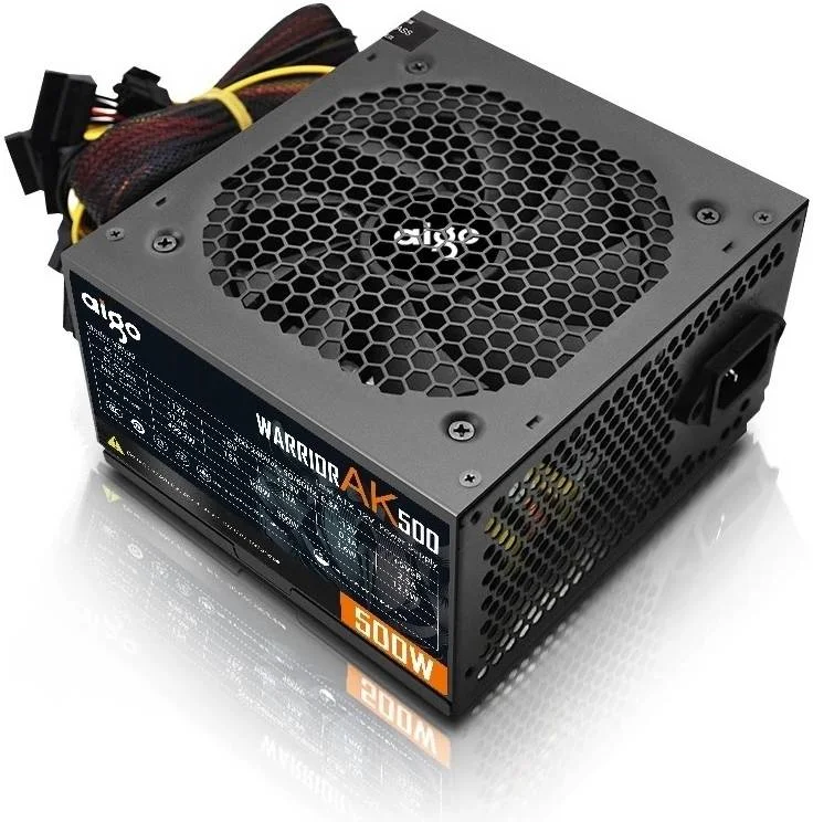 منبع تغذیه 500 واتی Aigo Warrior AK500 Max ATX، PFC داخلی، کنترل دمای هوشمند، فن بلبرینگ هیدرولیک 12 سانتی متری بی صدا، ATX 24 پین 12 ولت، 4 رابط SATA، مشکی | AK500