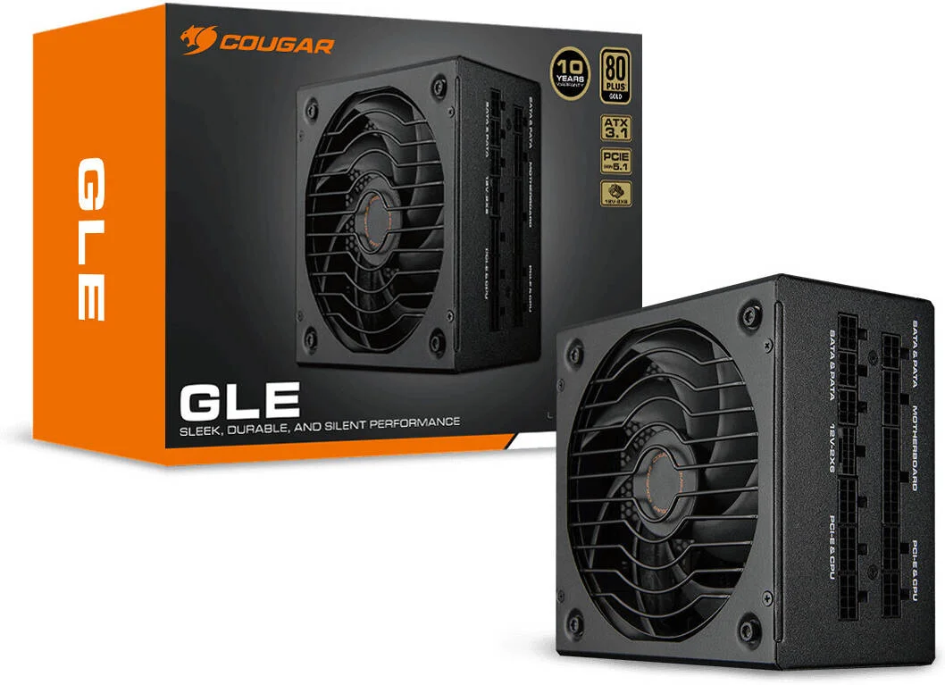 منبع تغذیه 1000 واتی Cougar GLE 1000 با گواهینامه 80 PLUS Gold، رتبه بندی Platinum Cybenetics، سطح نویز A- Cybenetics، خازن های ژاپنی، فن با بلبرینگ هیدرودینامیکی، مشکی | 31GF100007P01