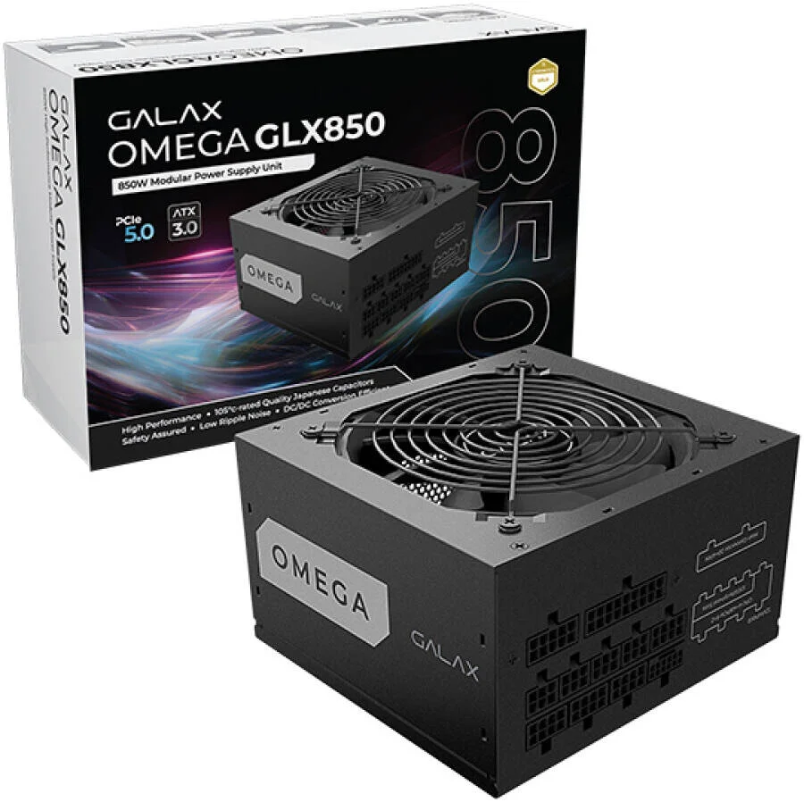 منبع تغذیه کاملا ماژولار GALAX OMEGA GLX850، توان 850 وات، راندمان 80 PLUS Gold، دارای گواهینامه Cybenetics Gold، خازن های دارای رتبه 105 درجه سانتیگراد، بلبرینگ دینامیکی سیال 120 میلی متری، مشکی | PGO85GPTNAFB0 منبع تغذیه کاملا ماژولار GALAX OMEGA GLX850، توان 850 وات، راندمان 80 PLUS Gold، دارای گواهینامه Cybenetics Gold، خازن های دارای رتبه 105 درجه سانتیگراد، بلبرینگ دینامیکی سیال 120 میلی متری، مشکی | PGO85GPTNAFB0