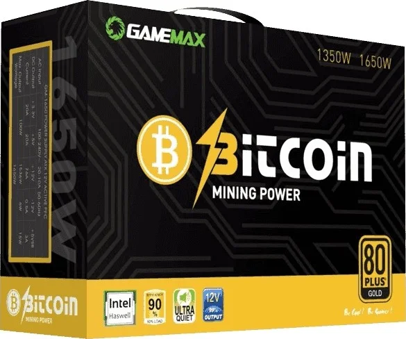 منبع تغذیه 1650 واتی ATX گیم مکس مدل GM-1650 مناسب برای ماینینگ بیت کوین، دارای گواهینامه 80 پلاس گلد، بازدهی 87 درصدی، محدوده ورودی 100 تا 240 ولت، ریل +12v1، فن 140 میلی‌متری، PFC فعال، مشکی | GM-1650