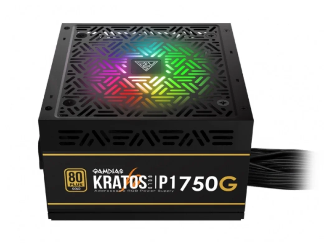 منبع تغذیه 750 وات نیمه ماژولار Gamdias KRATOS P1 750G ATX، ATX12V v2.4، دارای گواهینامه 80 PLUS GOLD، نورپردازی RGB آدرس پذیر، ریل تک +12 ولت، حالت فن بی صدا، 4 کانکتور PCI-E 6+2 پین | Kratos P1-750