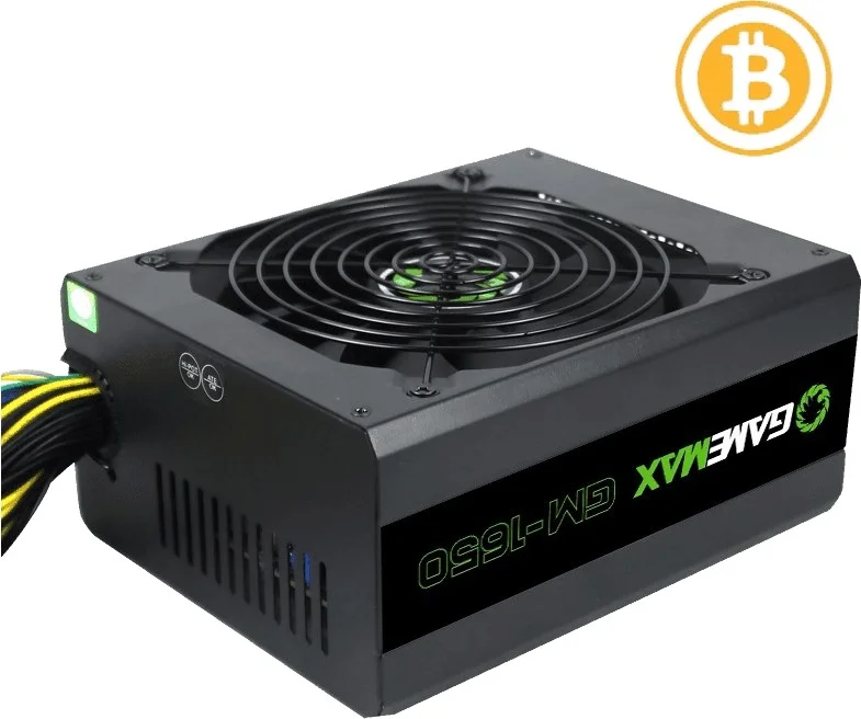 منبع تغذیه 1650 واتی ATX گیم مکس مدل GM-1650 مناسب برای ماینینگ بیت کوین، دارای گواهینامه 80 پلاس گلد، بازدهی 87 درصدی، محدوده ورودی 100 تا 240 ولت، ریل +12v1، فن 140 میلی‌متری، PFC فعال، مشکی | GM-1650