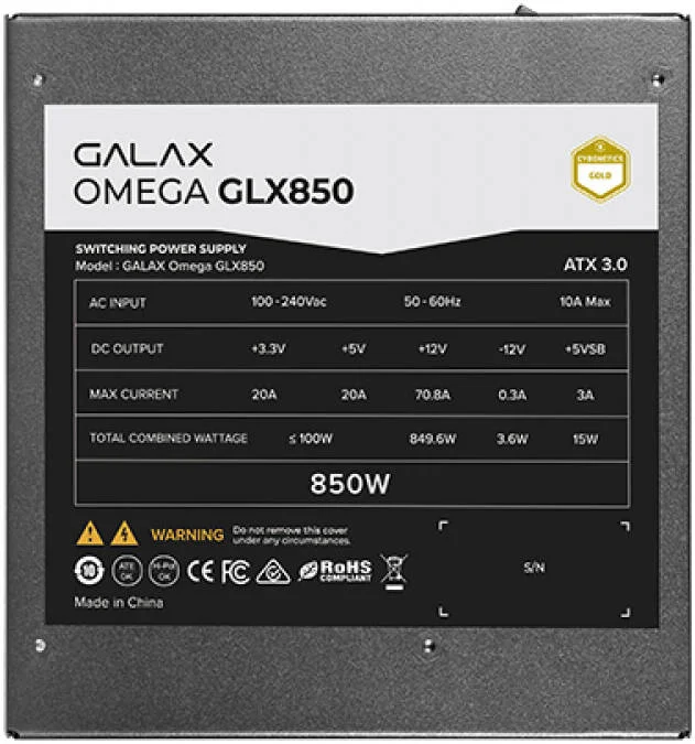 منبع تغذیه کاملا ماژولار GALAX OMEGA GLX850، توان 850 وات، راندمان 80 PLUS Gold، دارای گواهینامه Cybenetics Gold، خازن های دارای رتبه 105 درجه سانتیگراد، بلبرینگ دینامیکی سیال 120 میلی متری، مشکی | PGO85GPTNAFB0