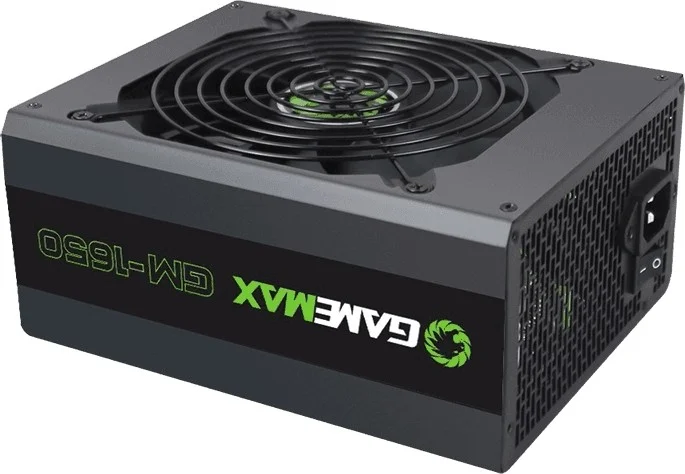 منبع تغذیه 1650 واتی ATX گیم مکس مدل GM-1650 مناسب برای ماینینگ بیت کوین، دارای گواهینامه 80 پلاس گلد، بازدهی 87 درصدی، محدوده ورودی 100 تا 240 ولت، ریل +12v1، فن 140 میلی‌متری، PFC فعال، مشکی | GM-1650