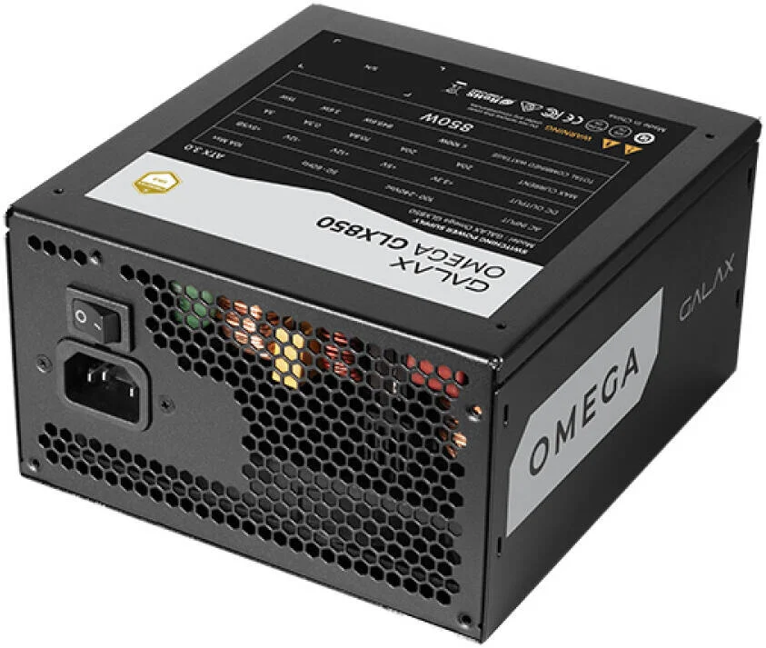 منبع تغذیه کاملا ماژولار GALAX OMEGA GLX850، توان 850 وات، راندمان 80 PLUS Gold، دارای گواهینامه Cybenetics Gold، خازن های دارای رتبه 105 درجه سانتیگراد، بلبرینگ دینامیکی سیال 120 میلی متری، مشکی | PGO85GPTNAFB0