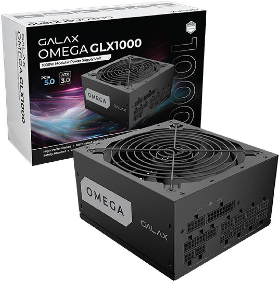 منبع تغذیه کاملا ماژولار GALAX OMEGA GLX1000، توان 1000 وات، راندمان 80 PLUS Gold، دارای گواهینامه Cybenetics Platinum، خازن های دارای رتبه 105 درجه سانتیگراد، بلبرینگ دینامیکی سیال 140 میلی متری، مشکی | PGO1AGPFNAFB0 منبع تغذیه کاملا ماژولار GALAX OMEGA GLX1000، توان 1000 وات، راندمان 80 PLUS Gold، دارای گواهینامه Cybenetics Platinum، خازن های دارای رتبه 105 درجه سانتیگراد، بلبرینگ دینامیکی سیال 140 میلی متری، مشکی | PGO1AGPFNAFB0
