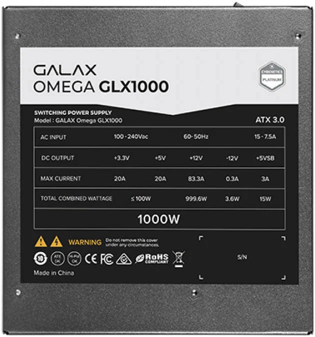 منبع تغذیه کاملا ماژولار GALAX OMEGA GLX1000، توان 1000 وات، راندمان 80 PLUS Gold، دارای گواهینامه Cybenetics Platinum، خازن های دارای رتبه 105 درجه سانتیگراد، بلبرینگ دینامیکی سیال 140 میلی متری، مشکی | PGO1AGPFNAFB0