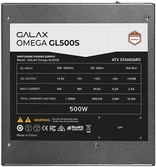 منبع تغذیه غیر ماژولار GALAX OMEGA GL500S، توان 500 وات، رتبه بندی برنز Cybenetics، خازن های دارای رتبه 105 درجه سانتیگراد، تبدیل DC/DC، مشکی | PGO50BOTNATB0