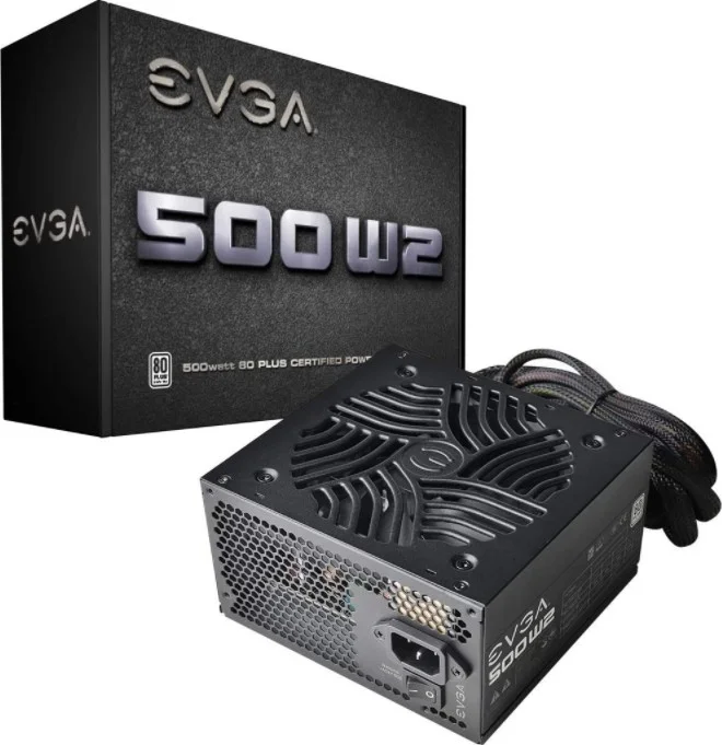 منبع تغذیه 500 وات Evga W2، دارای گواهینامه 80+ White، فن 120 میلی‌متری فوق‌العاده بی‌صدا، بازدهی 85٪، 1 عدد 24 پین (20+4) ATX | 100-W2-0500-K3 (UK)