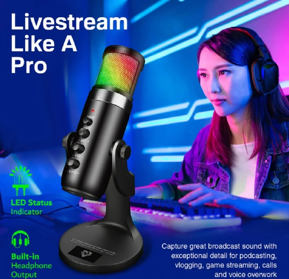 میکروفون گیمینگ یک طرفه کاردیوئید Vertux Crusader، فوق‌العاده حساس، ورودی USB-C، پاسخ فرکانسی 20 هرتز تا 20 کیلوهرتز، 5 حالت نورپردازی RGB LED، طول کابل 1.8 متر، مشکی | Crusader