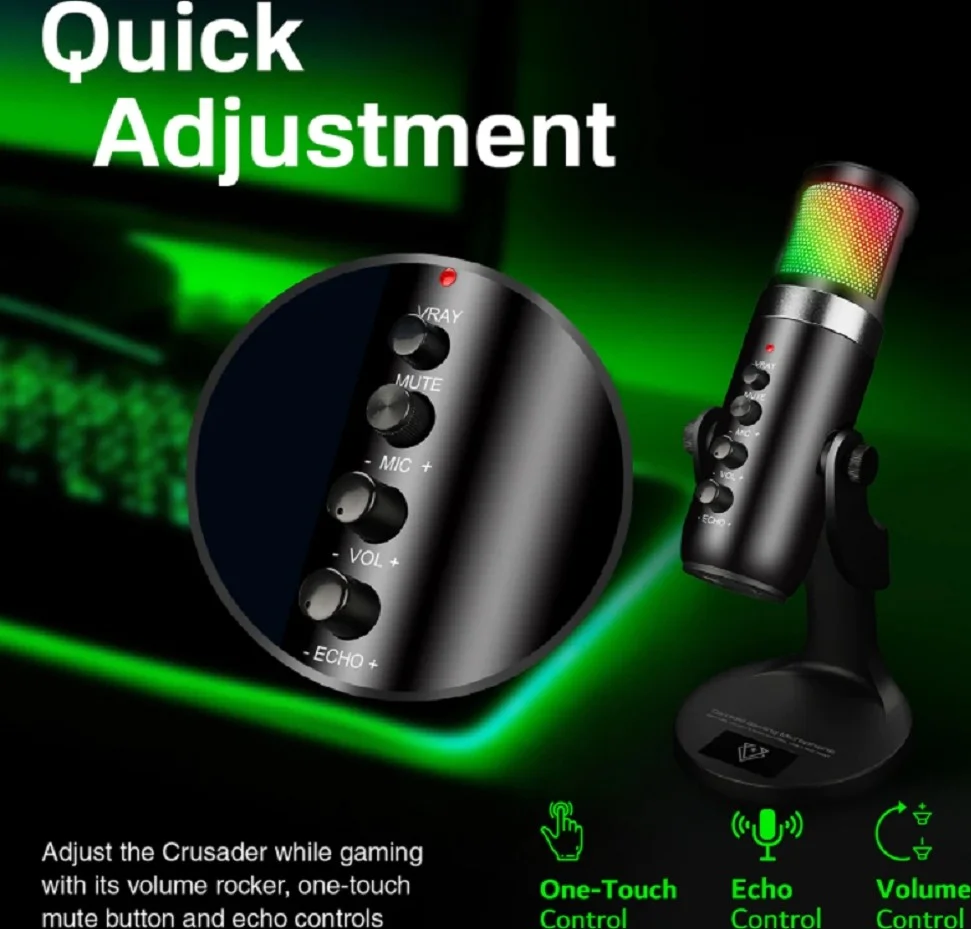 میکروفون گیمینگ یک طرفه کاردیوئید Vertux Crusader، فوق‌العاده حساس، ورودی USB-C، پاسخ فرکانسی 20 هرتز تا 20 کیلوهرتز، 5 حالت نورپردازی RGB LED، طول کابل 1.8 متر، مشکی | Crusader