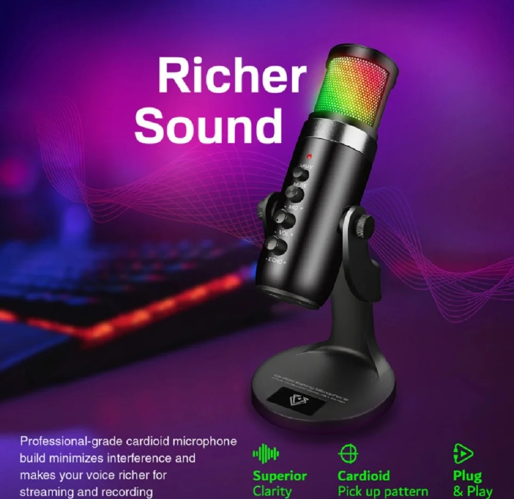 میکروفون گیمینگ یک طرفه کاردیوئید Vertux Crusader، فوق‌العاده حساس، ورودی USB-C، پاسخ فرکانسی 20 هرتز تا 20 کیلوهرتز، 5 حالت نورپردازی RGB LED، طول کابل 1.8 متر، مشکی | Crusader