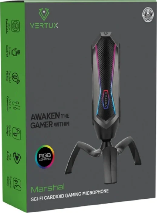 میکروفون گیمینگ کاردیوئید Vertux Marshal Sci-Fi، ورودی USB-C، حساسیت -45±3dB، حالت RGB LED، پاسخ فرکانسی 20Hz-20kHz، طول کابل 1.7 متر، مشکی | Marshal
