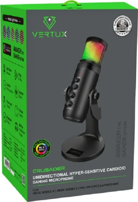 میکروفون گیمینگ یک طرفه کاردیوئید Vertux Crusader، فوق‌العاده حساس، ورودی USB-C، پاسخ فرکانسی 20 هرتز تا 20 کیلوهرتز، 5 حالت نورپردازی RGB LED، طول کابل 1.8 متر، مشکی | Crusader