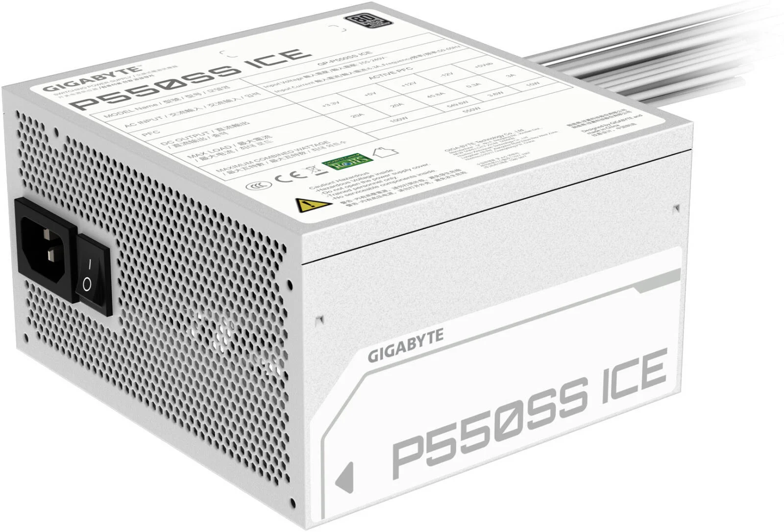 منبع تغذیه غیر ماژولار 550 واتی GIGABYTE P550SS Ice، توان 550 وات، رتبه بندی 80 پلاس سیلور، فن 120 میلی متری Fluid Dynamic Bearing، فرم فاکتور Intel ATX 12V v3.0، PFC فعال، سفید | GP-P550SS-ICE