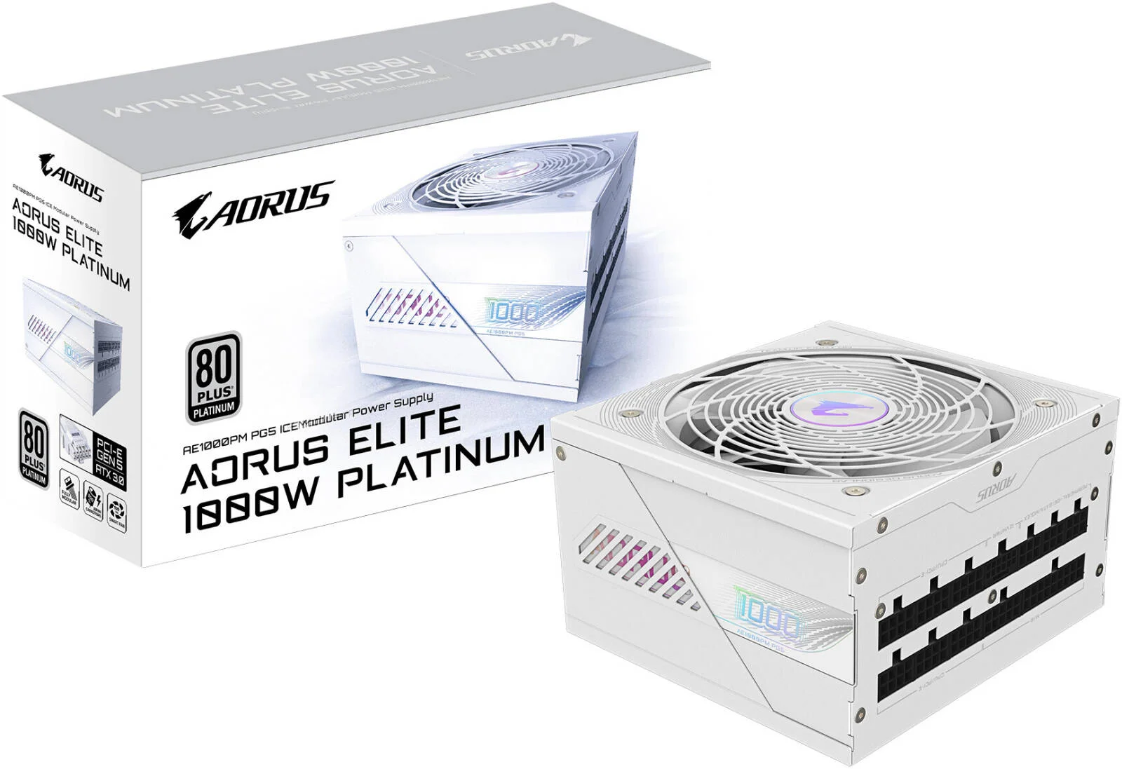منبع تغذیه 1000 واتی گیگابایت AORUS ELITE P1000W 80+ پلاتینیوم ماژولار PCIe 5.0، توان 1000 وات، بازدهی 80 PLUS پلاتینیوم، فن 120 میلی متری Fluid Dynamic Bearing، سفید | GP-AE1000PM-PG5-ICE