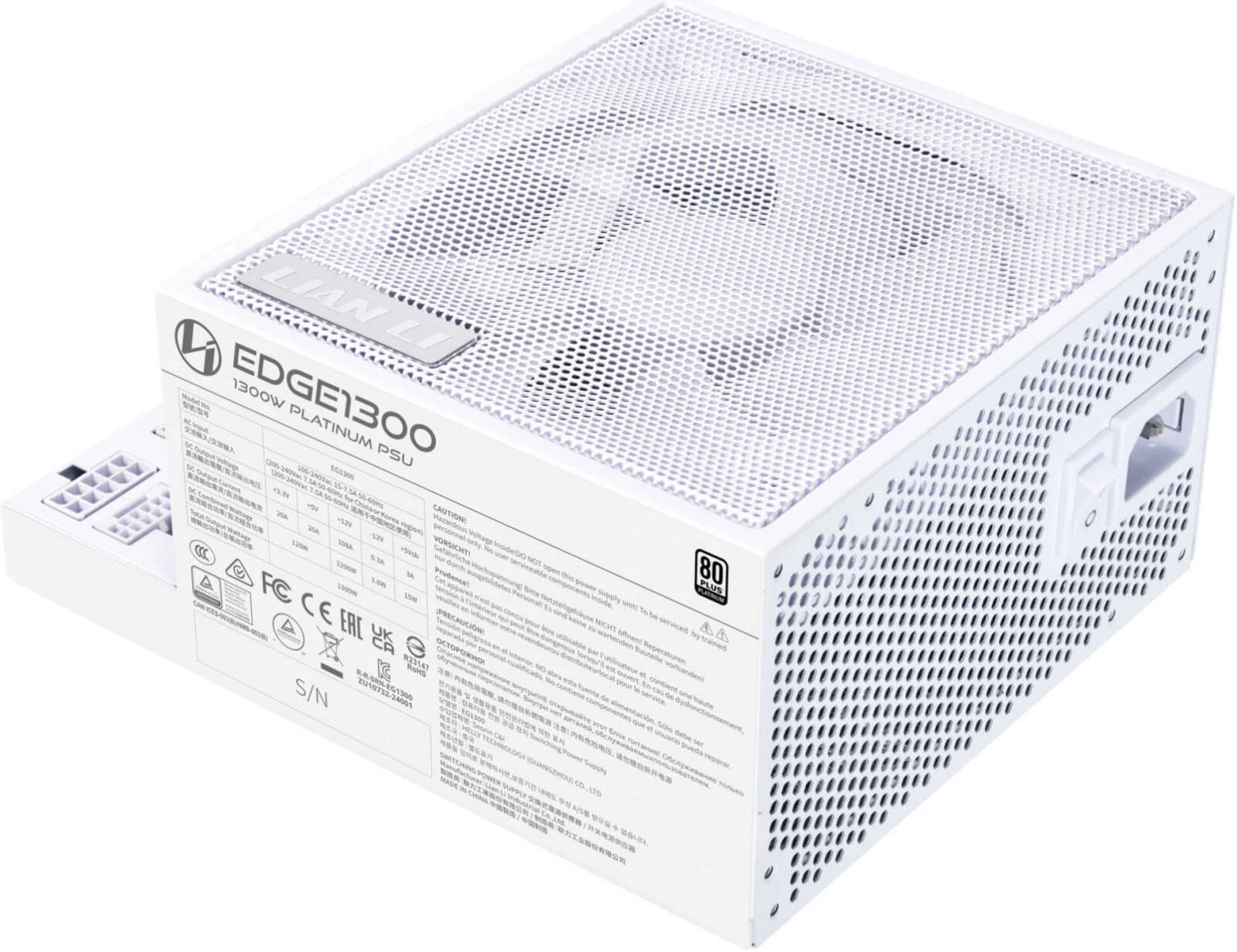 منبع تغذیه کامپیوتر لیان-لی Edge با طراحی L شکل کاملا ماژولار، توان 1300 وات، گواهینامه 80 پلاس پلاتینیوم، فن 120 میلی متری FDB، سازگار با ATX 3.0 و 3.1، پشتیبانی از PCIe 5.1، PFC فعال، سفید | EG1300.White