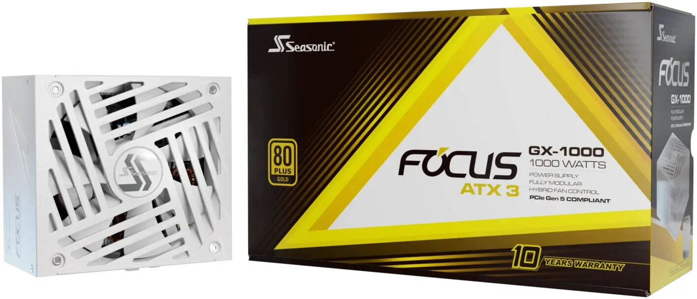 منبع تغذیه کامپیوتر 1000 وات Seasonic FOCUS GX White ATX 3.1، کاملا ماژولار، راندمان 80 PLUS Gold، بلبرینگ دینامیکی سیال 135 میلی‌متری، فرم فاکتور ATX/EPS، سفید | SRP-FGX102-A5A32SF-W