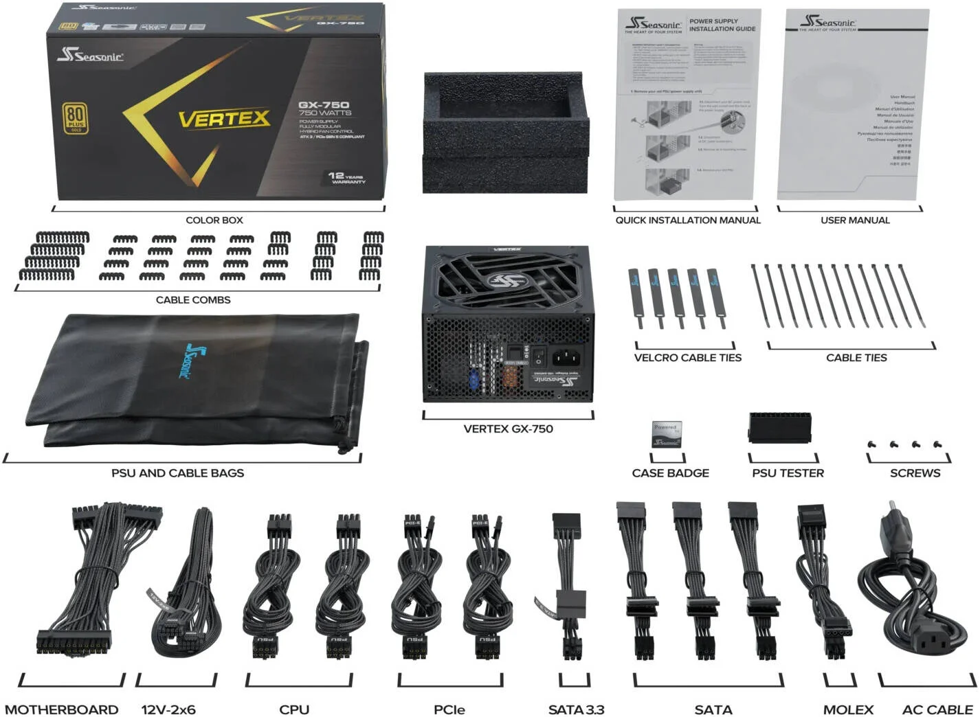 منبع تغذیه کامپیوتر 750 وات Seasonic VERTEX GX ATX 3.1، کاملاً ماژولار، راندمان 80 PLUS Gold، بلبرینگ دینامیکی سیال 135 میلیمتری، فرم فاکتور ATX/EPS، مشکی | VERTEX GX منبع تغذیه کامپیوتر 750 وات Seasonic VERTEX GX ATX 3.1، کاملاً ماژولار، راندمان 80 PLUS Gold، بلبرینگ دینامیکی سیال 135 میلیمتری، فرم فاکتور ATX/EPS، مشکی | VERTEX GX