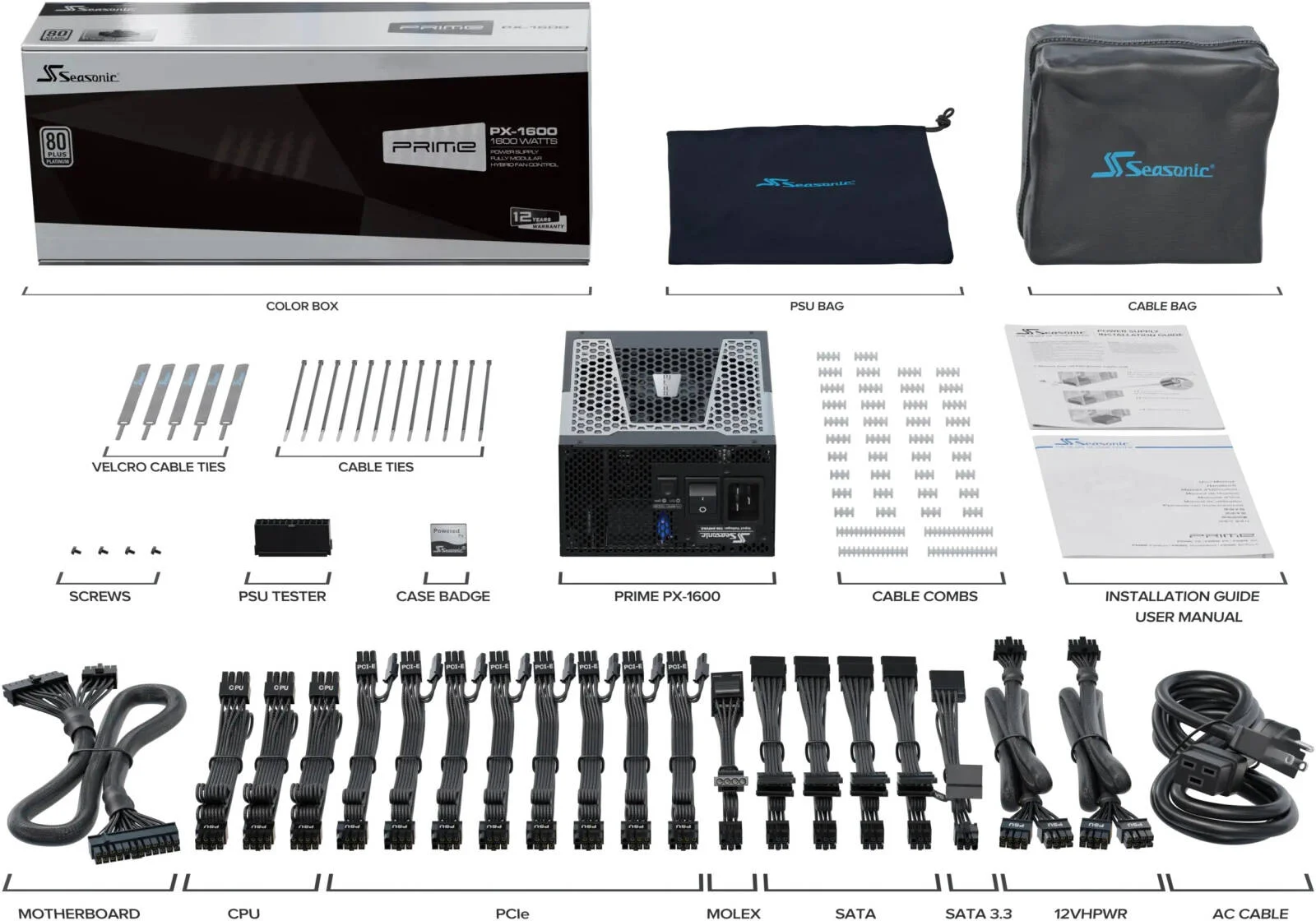 منبع تغذیه کاملا ماژولار Seasonic PRIME PX ATX 3.1، توان 1600 وات، بازدهی 80 PLUS پلاتینیوم، بلبرینگ دینامیکی سیال 135 میلی متری، فرم فاکتور ATX/EPS، مشکی | PRIME PX
