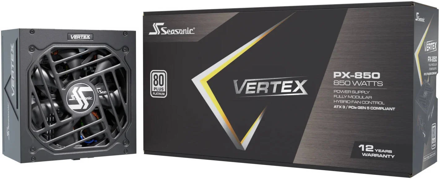منبع تغذیه کاملاً ماژولار Seasonic VERTEX PX ATX 3.1، توان 850 وات، بازدهی 80 PLUS Platinum، بلبرینگ دینامیکی سیال 135 میلی‌متری، فرم فاکتور ATX/EPS، مشکی | VERTEX PX