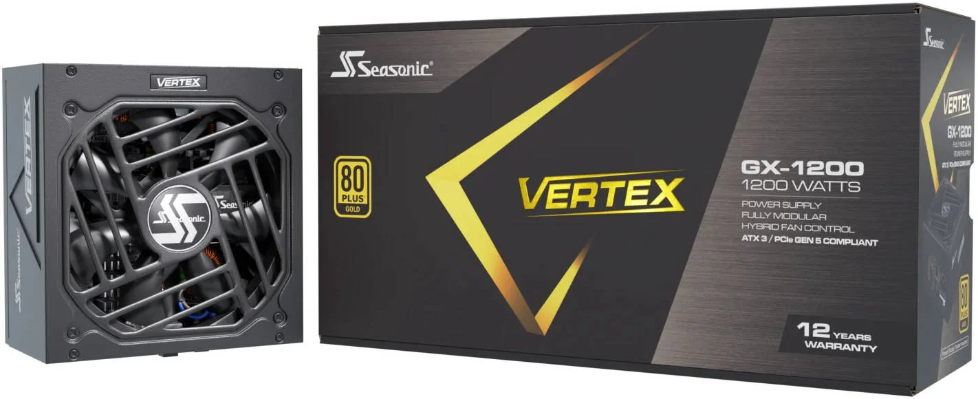 منبع تغذیه کامپیوتر 1200 وات Seasonic VERTEX GX ATX 3.1، کاملاً ماژولار، راندمان 80 PLUS Gold، فن 135 میلی‌متری Fluid Dynamic Bearing، فرم فاکتور ATX/EPS، مشکی | VERTEX GX