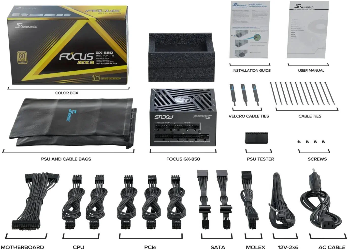 منبع تغذیه کاملا ماژولار Seasonic FOCUS GX ATX 3.1، توان 850 وات، بازدهی 80 PLUS Gold، بلبرینگ دینامیکی سیال 135 میلیمتری، فرم فاکتور ATX/EPS، مشکی | SRP-FGX851-A5A32SF منبع تغذیه کاملا ماژولار Seasonic FOCUS GX ATX 3.1، توان 850 وات، بازدهی 80 PLUS Gold، بلبرینگ دینامیکی سیال 135 میلیمتری، فرم فاکتور ATX/EPS، مشکی | SRP-FGX851-A5A32SF