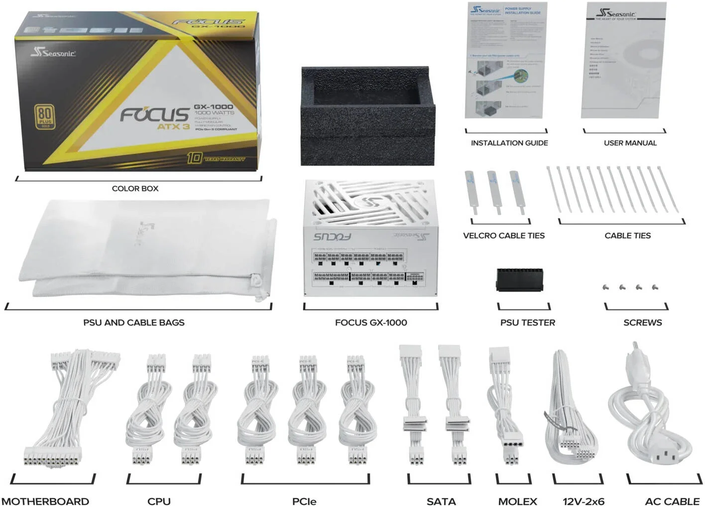 منبع تغذیه کامپیوتر 1000 وات Seasonic FOCUS GX White ATX 3.1، کاملا ماژولار، راندمان 80 PLUS Gold، بلبرینگ دینامیکی سیال 135 میلی‌متری، فرم فاکتور ATX/EPS، سفید | SRP-FGX102-A5A32SF-W