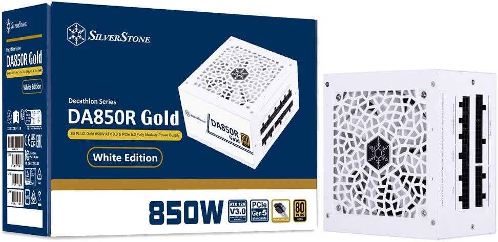 منبع تغذیه کاملاً ماژولار سیلوراستون DA850R، دارای گواهینامه 80 PLUS Gold، توان 850 وات، ATX 3.0 و PCIe 5.0، PFC فعال، فن 120 میلی‌متری بی‌صدا، محافظت‌های پیشرفته، کانکتور 12V-2x6 PCIe، سفید | SST-DA850R-GMA-WWW