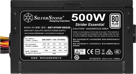 منبع تغذیه 500 وات SILVERSTONE Strider Essential ATX12V / EPS12V با گواهینامه 80 Plus White، دارای کانکتور PCI-E 8 پین و PCI-E 6 پین و فن 120 میلی‌متری مدل SST-ST50F-ES230 (BK)