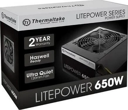 منبع تغذیه 650 واتی Thermaltake Litepower، غیر ماژولار، ATX 2.3 و EPS، Active-PFC، PSU، 12 سانتی متر، EU/Non، 80PLUS Black | PS-LTP-0650NN2ANK-2