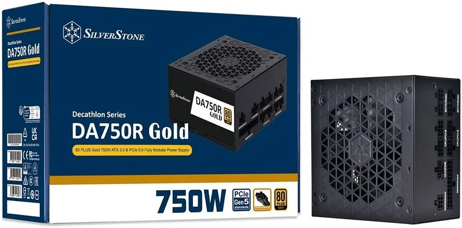 منبع تغذیه کامپیوتر 750 وات SilverStone DA750R Gold، کاملا ماژولار، 80 پلاس گلد، ATX 3.0 و PCIe 5.0، PFC فعال، فن 120 میلی متری FDB بی صدا، خازن های ژاپنی، مشکی | SST-DA750R-GM