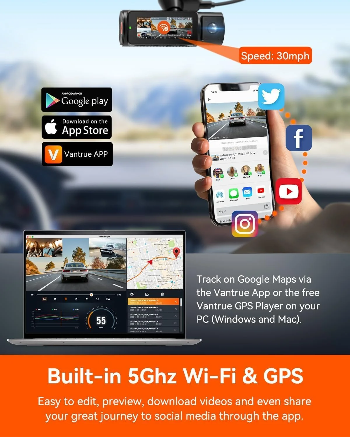 دوربین داشبورد سه کاناله 4K وای فای Vantrue N4 Pro، دید در شب STARVIS 2 IMX678، دوربین سه گانه جلو، داخل و عقب 4K+1080P+1080P، کنترل صوتی، GPS، HDR، حالت پارک 24 ساعته، پشتیبانی از حداکثر 512 گیگابایت