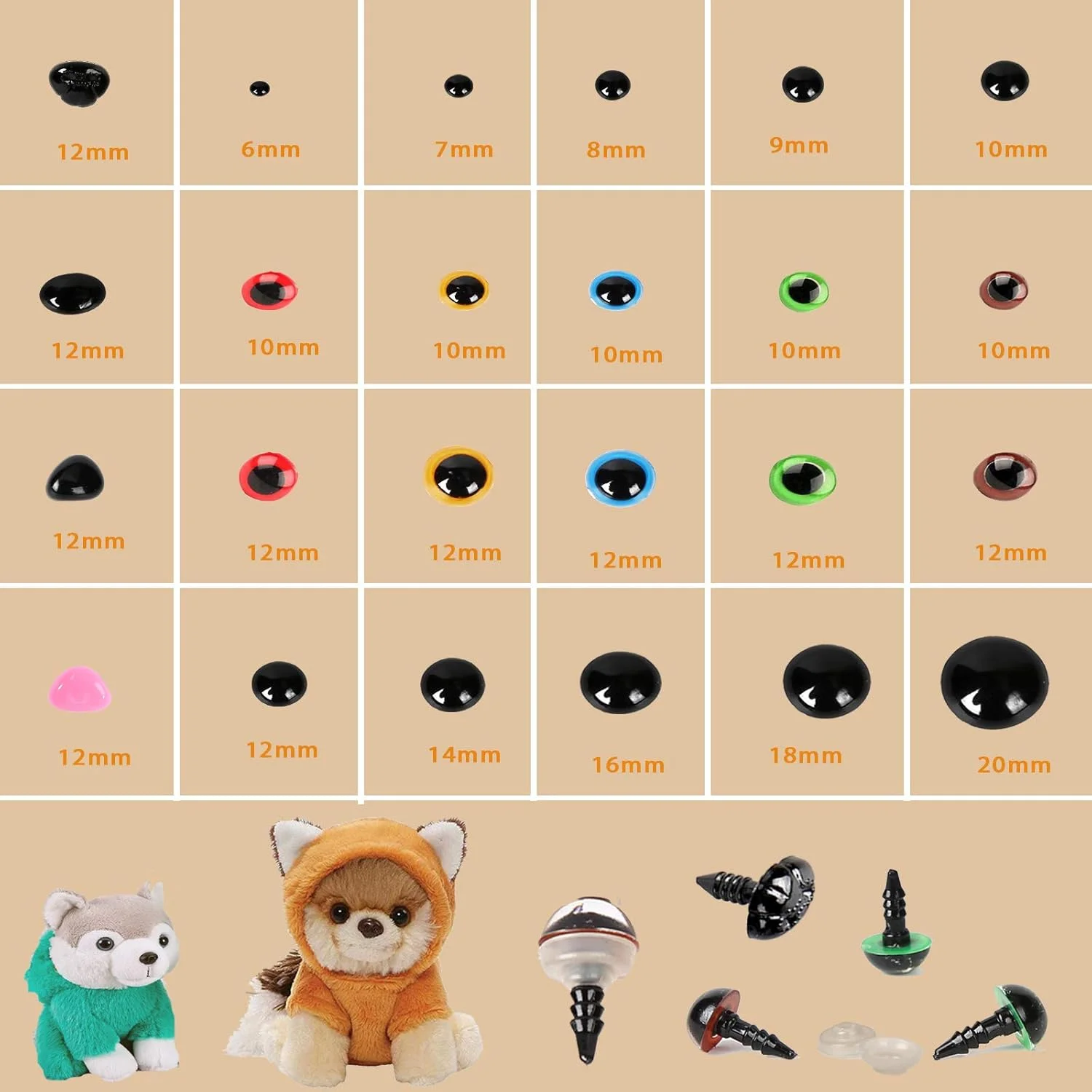 ۷۹۶ عدد چشم و بینی پلاستیکی برای عروسکسازی، چشمهای مشکی ۶-۲۰ میلیمتری با واشر، بینی خرسی در اندازههای مختلف برای ساخت اسباببازیهای پولیشی و قلاببافی ۷۹۶ عدد چشم و بینی پلاستیکی برای عروسکسازی، چشمهای مشکی ۶-۲۰ میلیمتری با واشر، بینی خرسی در اندازههای مختلف برای ساخت اسباببازیهای پولیشی و قلاببافی