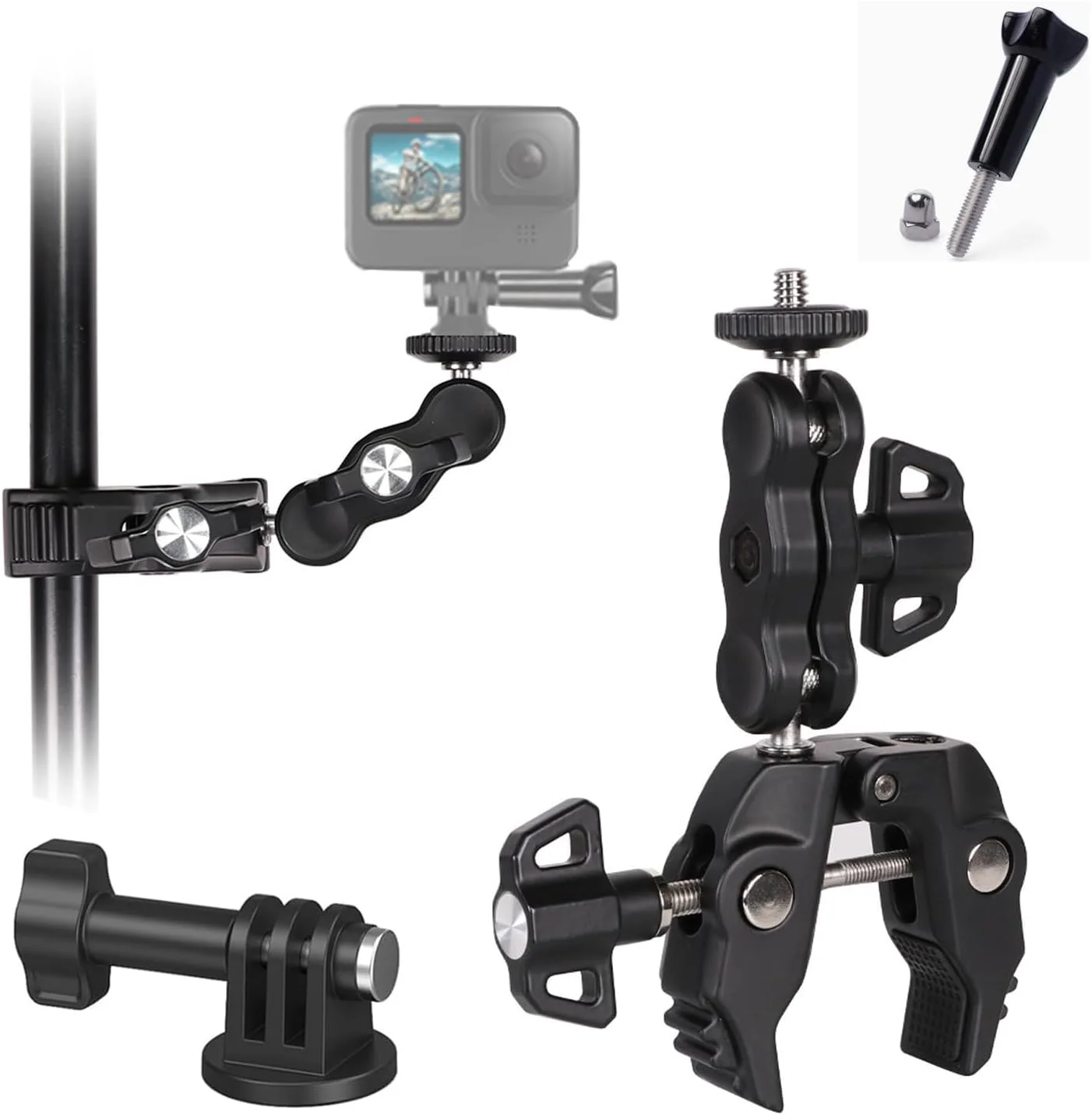 گیره نگهدارنده دوربین، دستگاه فیکس کننده فک دوچرخه آلیاژ آلومینیوم، بازوی جادویی سر توپی 360 درجه، آداپتور با رزوه 1/4 اینچ -20 و 3/8 اینچ -16، سازگار با دوربین های اکشن Gopro/Insta360 One X2/AKASO Brave 7 LE