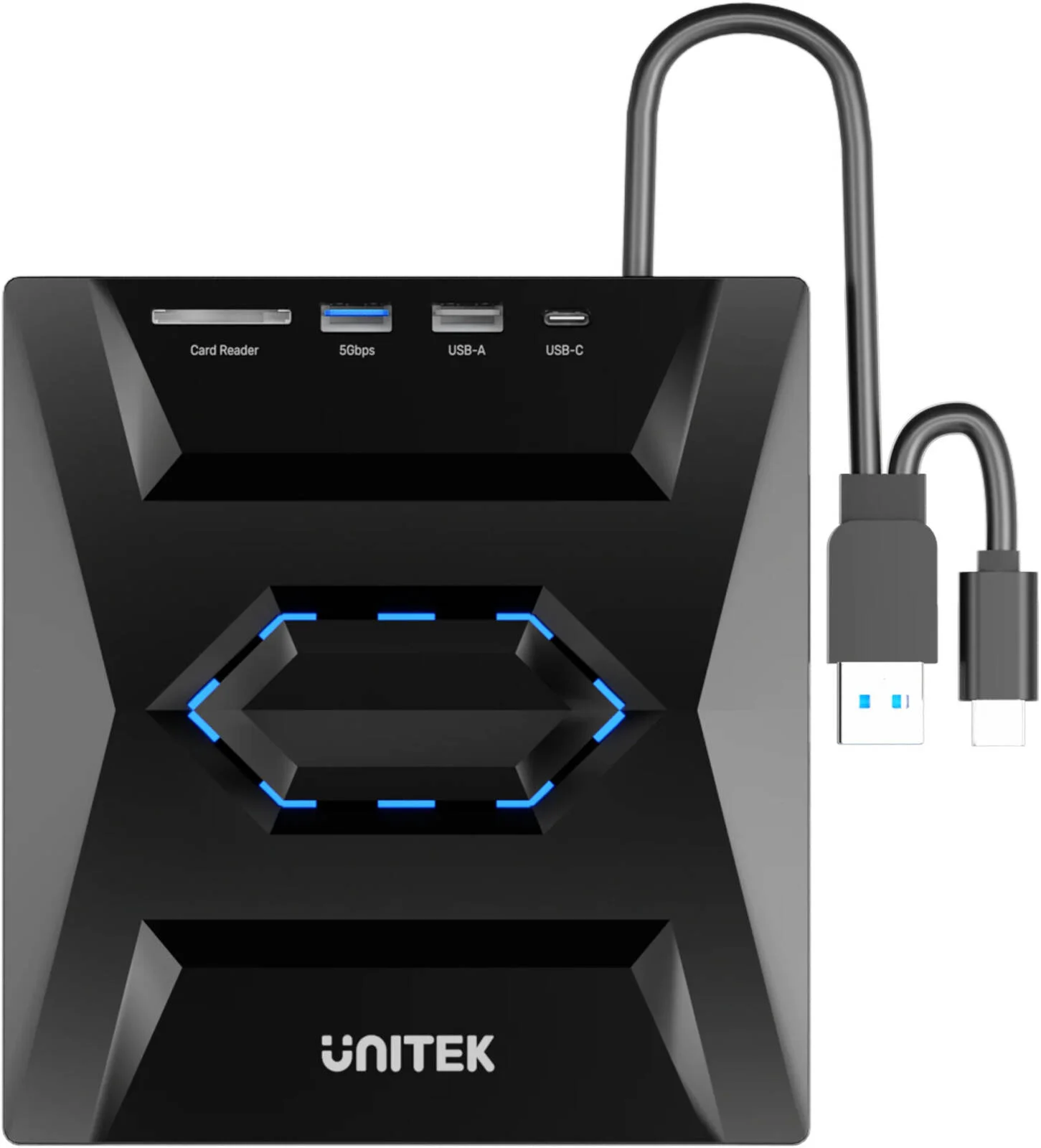 درایو نوری اکسترنال 5 در 1 یونیتک با هاب USB، سرعت انتقال داده تا 5 گیگابیت بر ثانیه، 2 پورت USB-A، 1 پورت USB C و اسلات کارت SD، Plug & Play، طول کابل 30 سانتی متر، مشکی | T1037A01