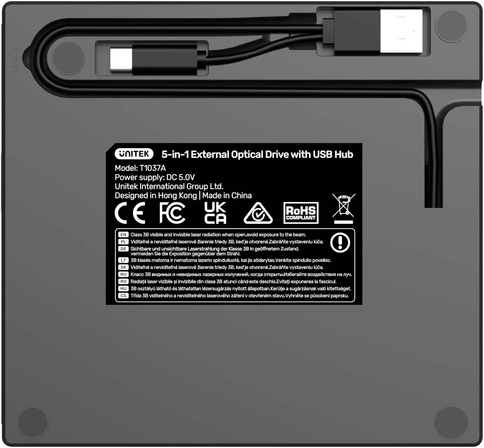 درایو نوری اکسترنال 5 در 1 یونیتک با هاب USB، سرعت انتقال داده تا 5 گیگابیت بر ثانیه، 2 پورت USB-A، 1 پورت USB C و اسلات کارت SD، Plug & Play، طول کابل 30 سانتی متر، مشکی | T1037A01
