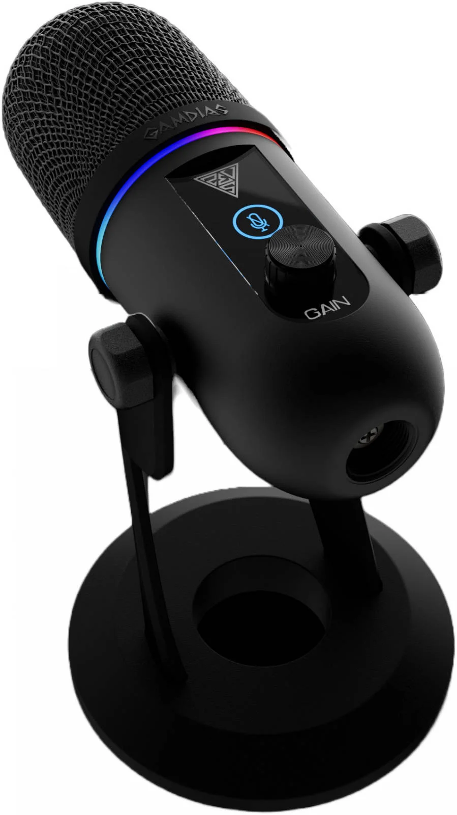 میکروفون استریمینگ RGB گیمدیاس مدل PHEME M1، الگوی قطبی سوپرکاردیوید، 12 حالت RGB چند رنگ، نرخ نمونه برداری 192 کیلوهرتز / 24 بیت، کنترل های لمسی، پایه تاشو و قابل تنظیم داخلی، مشکی | GD-PHEME-M1