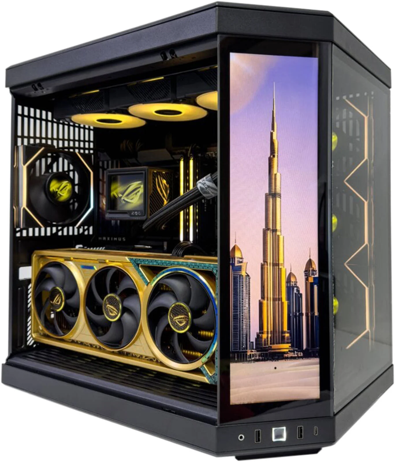 کامپیوتر گیمینگ ذهب - پردازنده Intel Core Ultra 9 285K با 24 هسته و 24 رشته، کارت گرافیک NVIDIA RTX 5090 با 32 گیگابایت حافظه، 96 گیگابایت رم DDR5 با فرکانس 7200 مگاهرتز، 4 ترابایت حافظه SSD نسل 5، منبع تغذیه 1000 وات 80 پلاس، خنک کننده مایع 360 میلی متری PANORAMA، Wi-Fi + BT