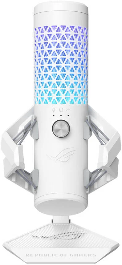 میکروفون گیمینگ کندانسور کاردیوئید حرفه ای ایسوس ROG Carnyx، نرخ نمونه برداری 192 کیلوهرتز / 24 بیتی، فیلتر بالاگذر و فیلتر پاپ داخلی، قطع صدا لمسی، نورپردازی AuraSync RGB، سفید | 90YH03Z0-BAUA10
