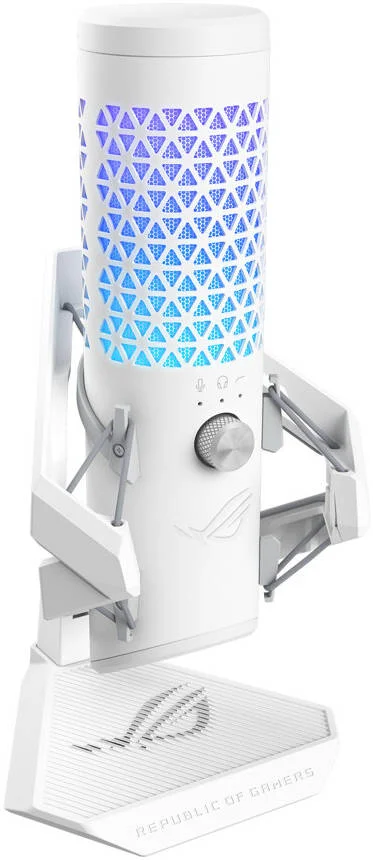 میکروفون گیمینگ کندانسور کاردیوئید حرفه ای ایسوس ROG Carnyx، نرخ نمونه برداری 192 کیلوهرتز / 24 بیتی، فیلتر بالاگذر و فیلتر پاپ داخلی، قطع صدا لمسی، نورپردازی AuraSync RGB، سفید | 90YH03Z0-BAUA10