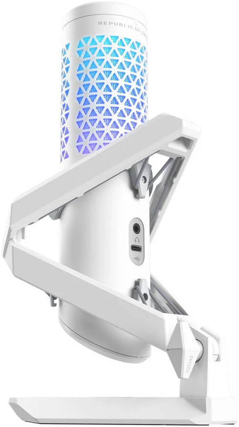 میکروفون گیمینگ کندانسور کاردیوئید حرفه ای ایسوس ROG Carnyx، نرخ نمونه برداری 192 کیلوهرتز / 24 بیتی، فیلتر بالاگذر و فیلتر پاپ داخلی، قطع صدا لمسی، نورپردازی AuraSync RGB، سفید | 90YH03Z0-BAUA10