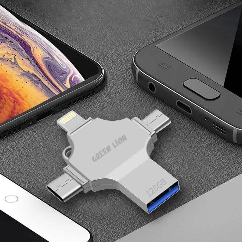 فلش مموری USB چهار در یک گرین لاین 256 گیگابایت، دارای پورت های متعدد، انتقال سریع داده، ظرفیت ذخیره سازی بزرگ، اتصال و استفاده آسان - نقره ای