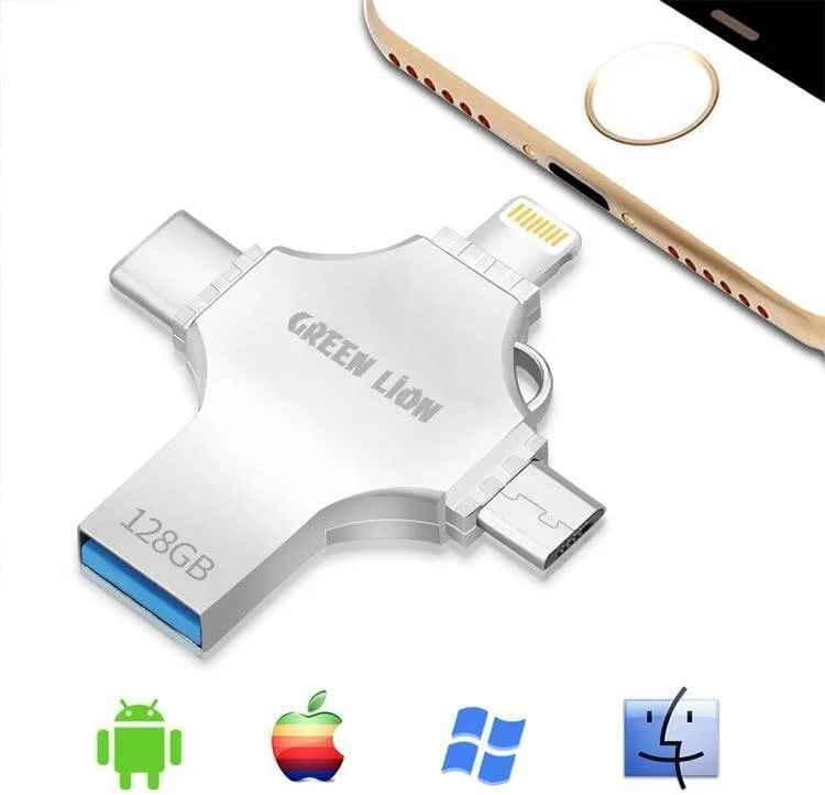 فلش مموری USB چهار در یک گرین لاین 256 گیگابایت، دارای پورت های متعدد، انتقال سریع داده، ظرفیت ذخیره سازی بزرگ، اتصال و استفاده آسان - نقره ای