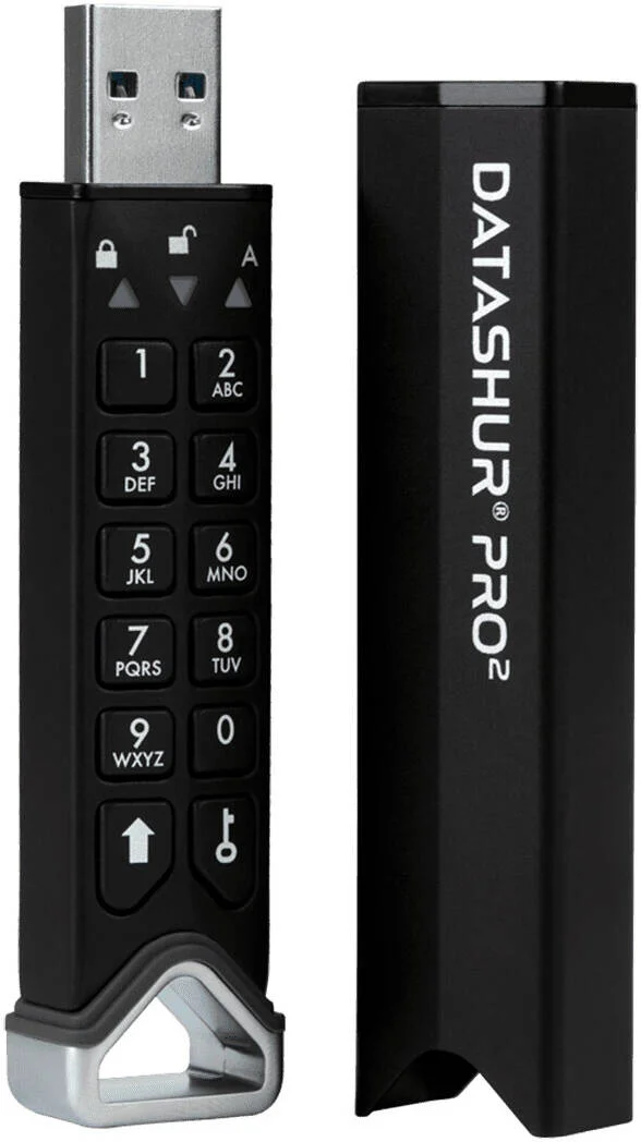 فلش مموری رمزگذاری شده iStorage datAshur PRO2 USB 3.2، ظرفیت 128 گیگابایت، رمزگذاری سخت افزاری AES-XTS 256 بیتی، احراز هویت PIN، دارای گواهی FIPS 140-2 Level 3، ضد آب IP68 | datAshur-PRO2-128