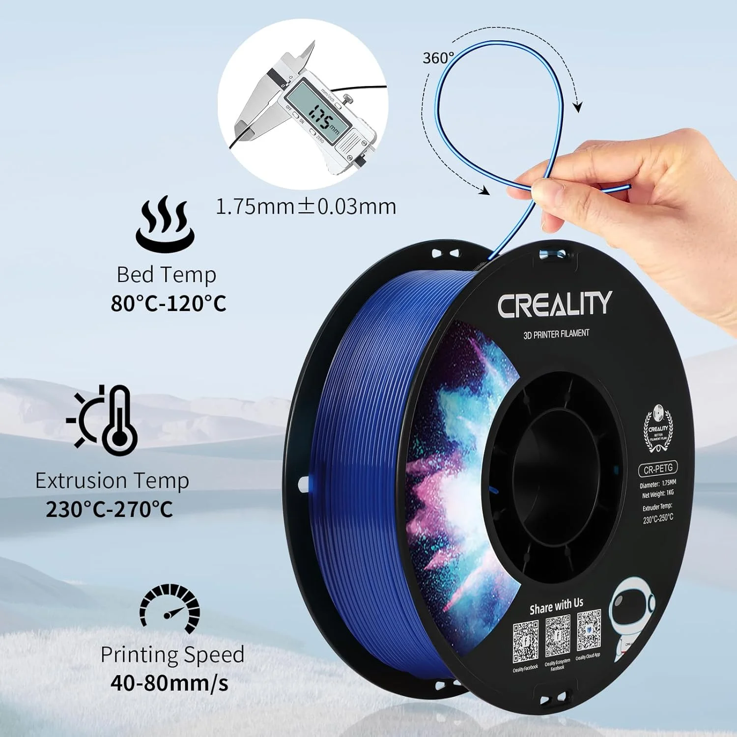 فیلامنت PETG رسمی کرالیتی 1.75 میلی‌متر، فیلامنت پرینتر سه بعدی PETG، اسپول 1 کیلوگرمی، مواد پرینت سه بعدی بدون گره خوردگی، دقت ابعادی +/- 0.03 میلی‌متر، مناسب برای اکثر پرینترهای سه بعدی FDM (آبی شفاف)