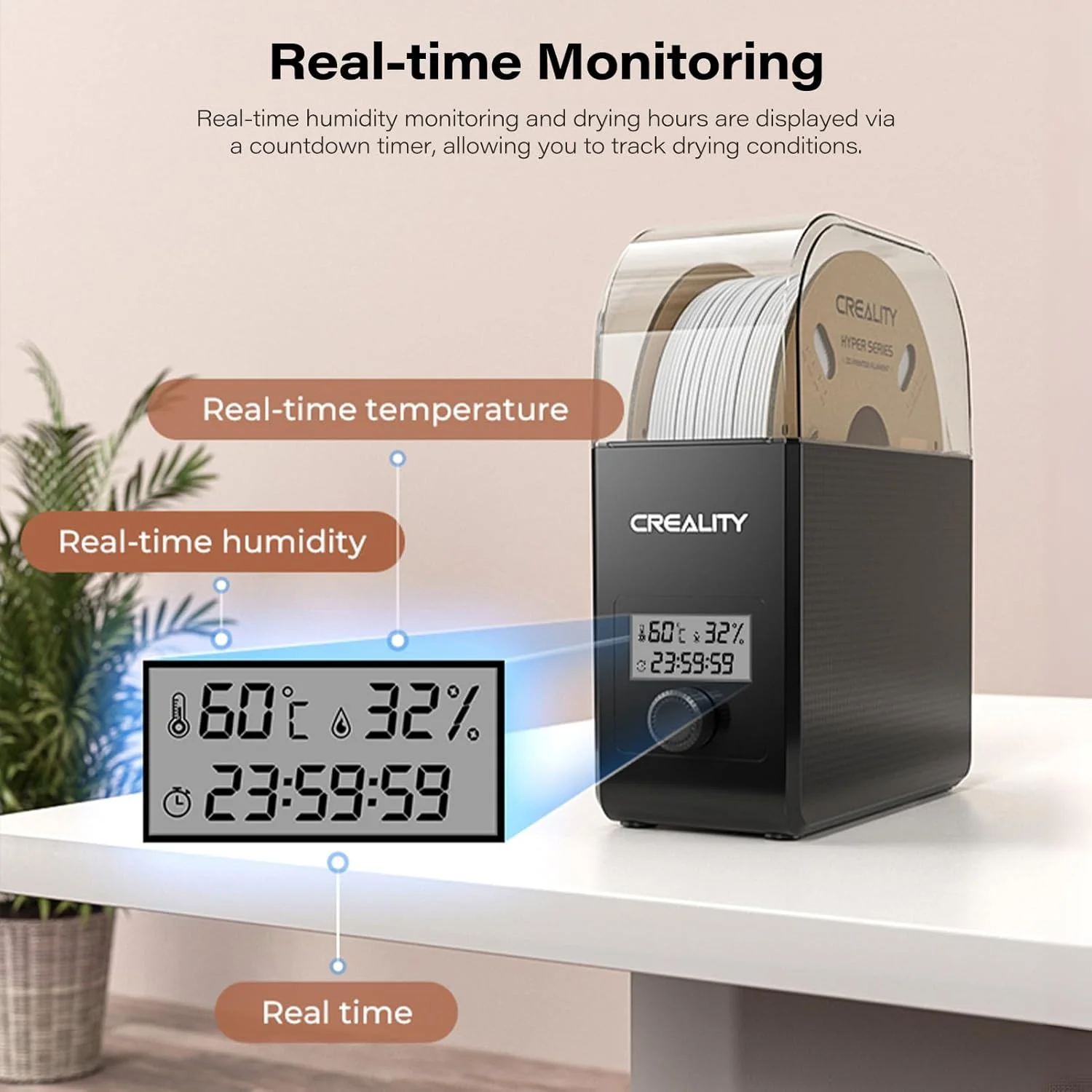 جعبه خشک کننده فیلامنت 2.0 کرالیتی، دستگاه خشک کن و نگهداری با تایمر 24 ساعته قابل تنظیم 45-65 درجه سانتیگراد، نگهدارنده قرقره فیلامنت، حفظ مواد خشک در طول چاپ سه بعدی برای PLA، PETG، ABS، TPU 1.75/2.85/3.0